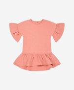 Cotton Linen Ruffled Dress - Coral Pink