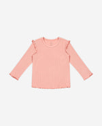 Ruffled Rib Knit Long Sleeve Top - Coral Pink