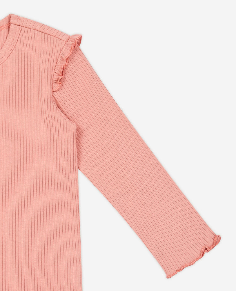 Ruffled Rib Knit Long Sleeve Top - Coral Pink