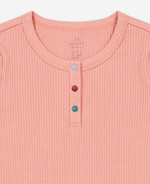 Rib Knit Long Sleeve Henley - Coral Pink