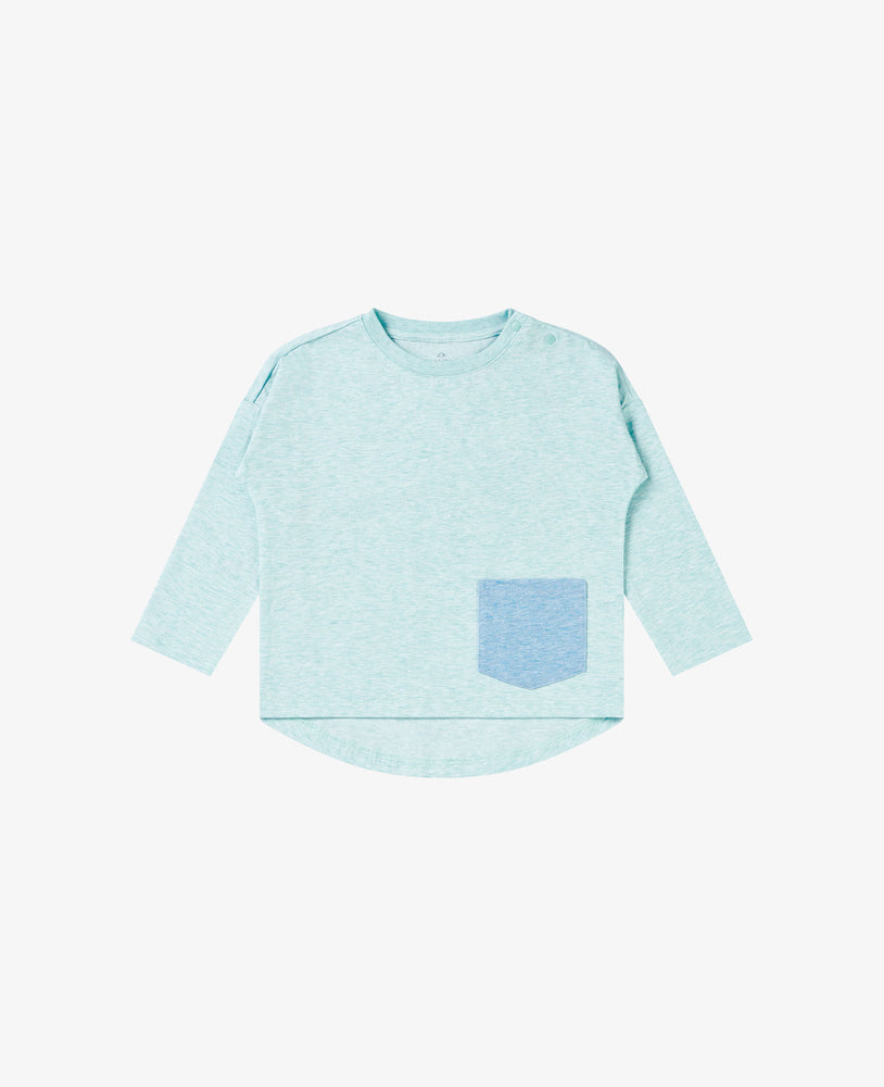 Cotton Drop Shoulder Long Sleeve Pocket Tee - Aquamarine